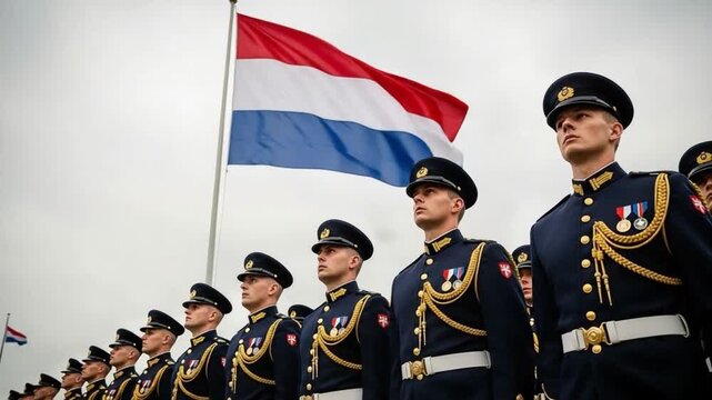 Line of young male soldiers in formal dress uniforms standing at attention during a military ceremony