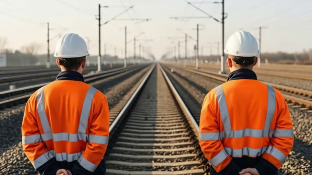 Two male railway infrastructure inspectors in orange safety jackets and hard hats on tracks