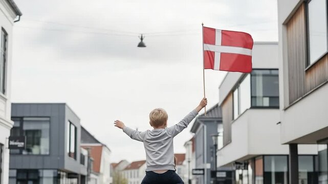Young blonde boy sitting on shoulders holding a Danish flag in a modern residential street