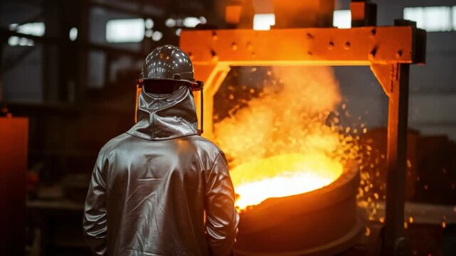 Male worker in silver aluminized heat reflective suit monitoring molten metal in industrial foundry