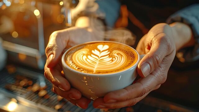 A close-up showcases a warmly lit, hands-held coffee cup with latte art, steam rising