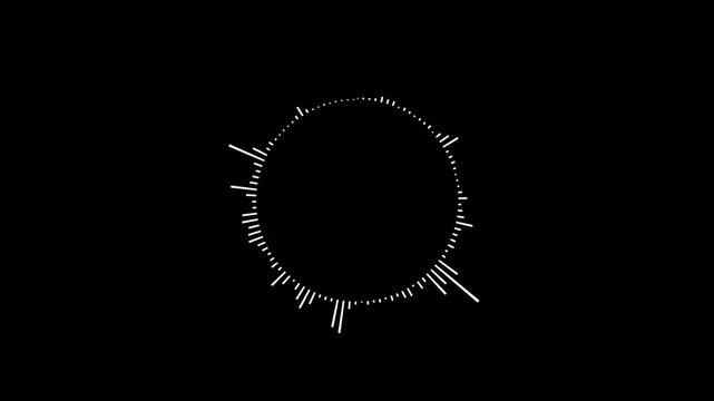 A graphic circular loop of rhythmic audio frequency sound waves in the background.
Round sound wave design on a black background, Circular interface audio voice music sound spectrum equalizer.