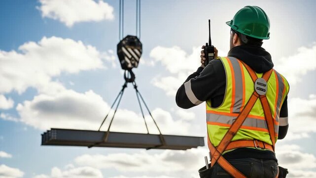 Male construction rigger in safety harness using radio to signal crane lifting steel beams