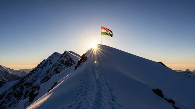 Indian flag planted on snowy mountain peak at sunrise representing achievement success and national pride
