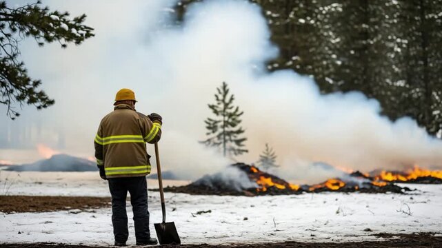 Male wildland firefighter managing controlled pile burns in snowy woods for forest restoration