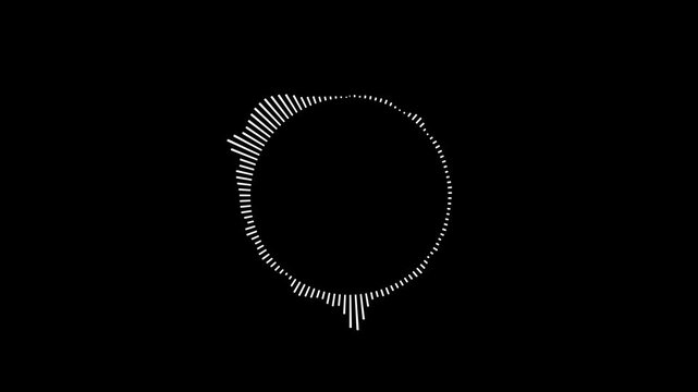 A graphic circular loop of rhythmic audio frequency sound waves in the background.
Round sound wave design on a black background, Circular interface audio voice music sound spectrum equalizer.
