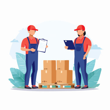 Delivery workers checking packages on a pallet