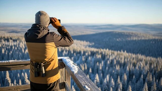 Adult male wildlife observer with binoculars looking at a vast snow covered forest from a lookout