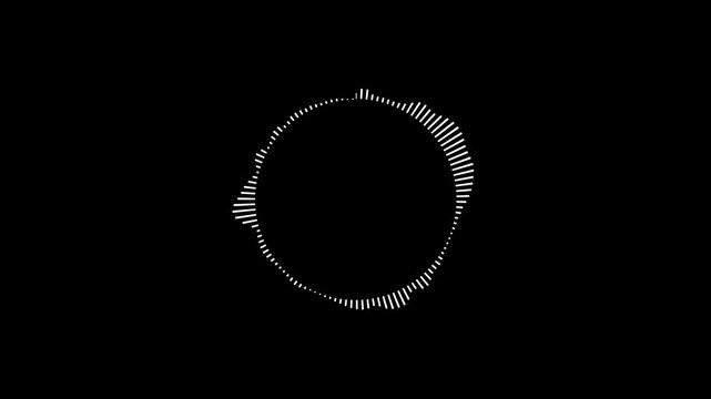 A graphic circular loop of rhythmic audio frequency sound waves in the background.
Round sound wave design on a black background, Circular interface audio voice music sound spectrum equalizer.