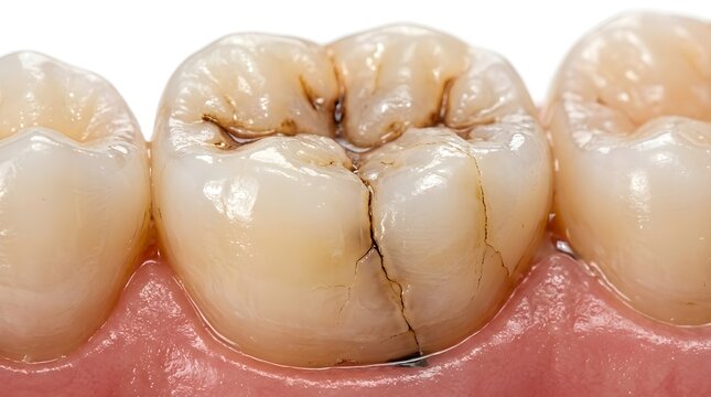 Close-up of a severely cracked and decaying molar tooth showing extensive dental damage and signs of cavities