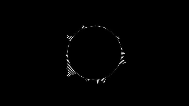 A graphic circular loop of rhythmic audio frequency sound waves in the background.
Round sound wave design on a black background, Circular interface audio voice music sound spectrum equalizer.