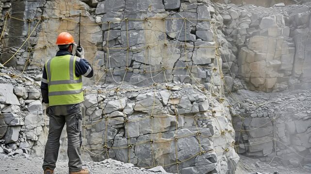 Male Mining Engineer Using Radio for Rockfall Protection Netting Inspection