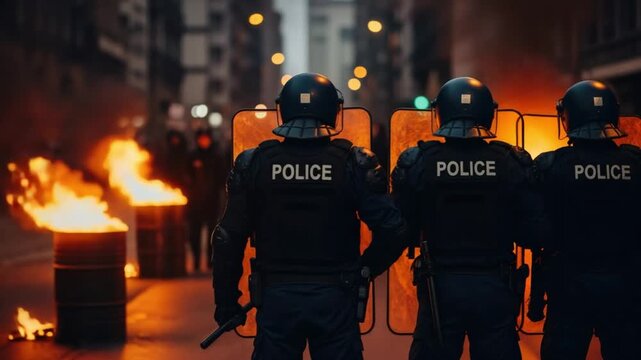 Tactical police unit in full riot gear facing fire during night time urban protest