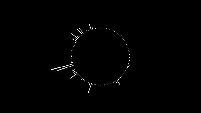 A graphic circular loop of rhythmic audio frequency sound waves in the background.
Round sound wave design on a black background, Circular interface audio voice music sound spectrum equalizer.