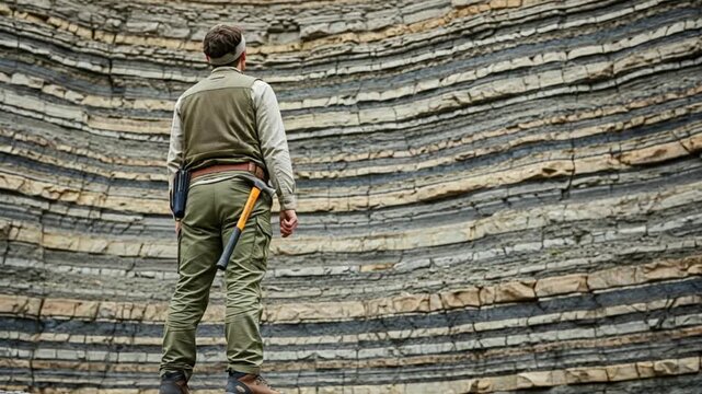 Professional male geologist examining sedimentary rock layers for stratigraphic analysis in the field