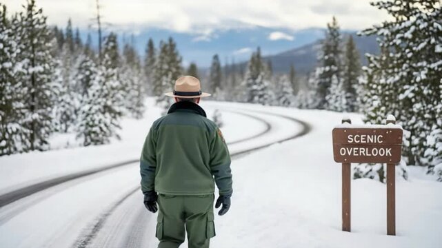 Back view of male park ranger patrolling snowy national park road near scenic overlook sign