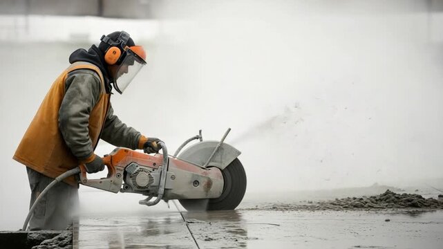 Middle aged male construction worker cutting concrete slab with power saw creating silica dust