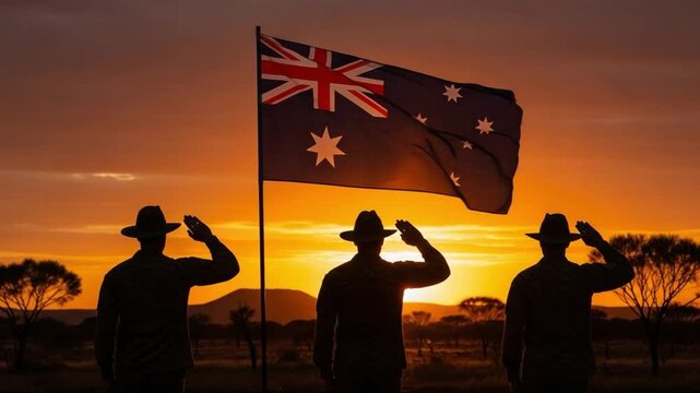 Three Australian Soldiers Saluting the National Flag at Sunset in the Outback
