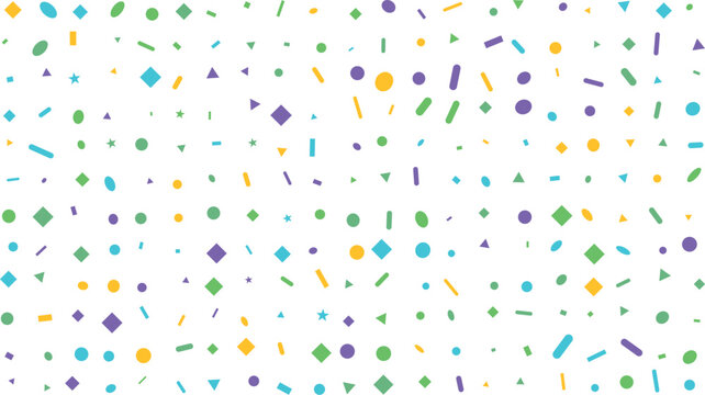 Colorful geometric confetti pattern on white background
