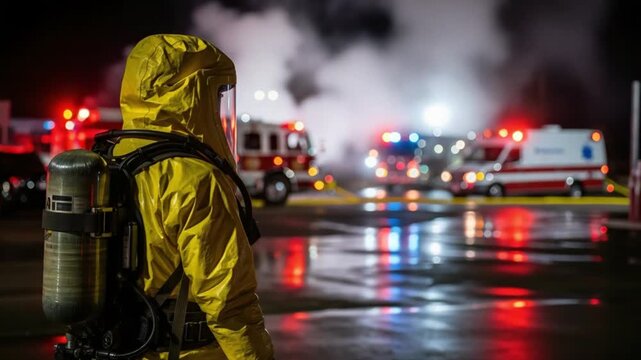 Industrial Chemical Spill Response Team Member in Yellow Hazmat Suit at Night