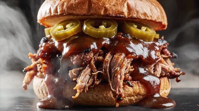 A juicy pulled pork sandwich sits on a table with jalapenos and sauce.