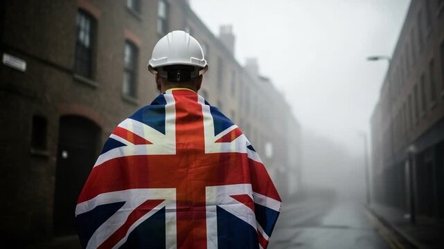 Middle aged male construction worker wearing hard hat draped in British flag on foggy industrial street