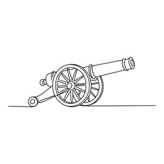 Fototapeta premium One line drawing of antique bronze cannon artillery piece on wheels for historical design.
