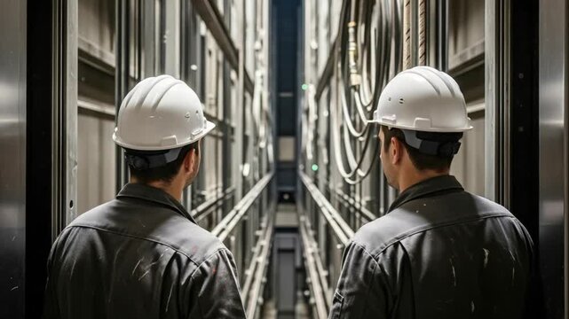 Two male elevator technicians in hard hats inspecting a lift shaft for maintenance