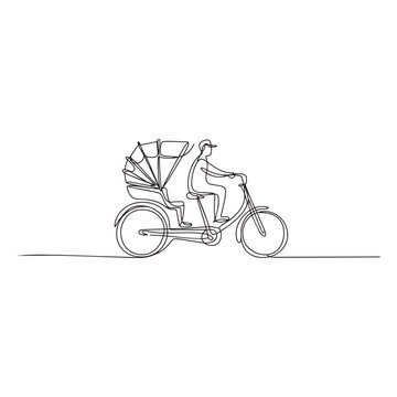 Continuous line drawing of traditional cycle rickshaw pedicab with driver and passenger seat.