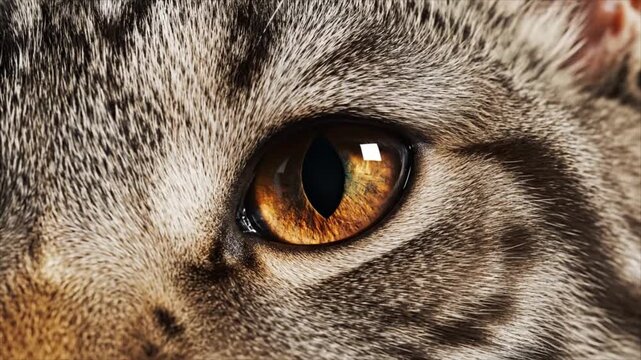 Close-up of a cat's eye with vibrant orange iris and detailed fur texture