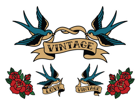 Old School American Traditional Tattoo Flash Art Featuring Blue Swallow Birds Flying with Red Roses and Vintage Banners on White Background