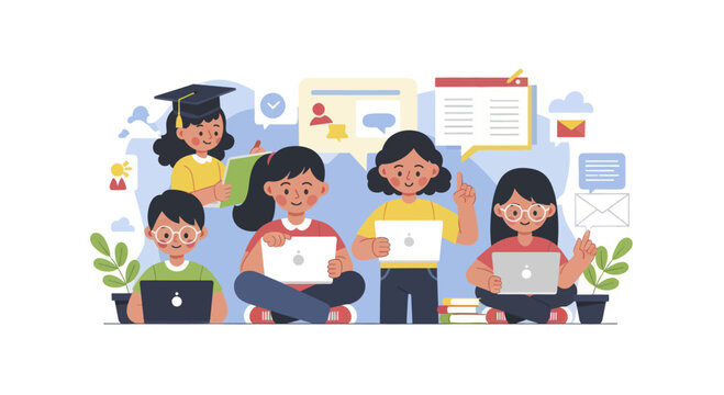 Diverse group of children learning online with laptops.