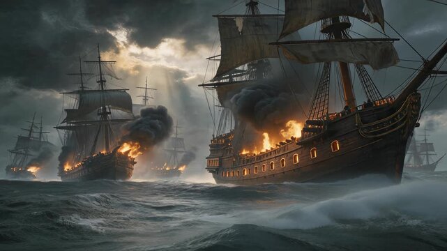 Dramatic naval battle with burning ships under stormy skies