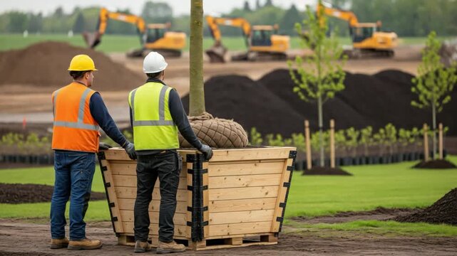 Two male landscape contractors planting a large tree in a wooden crate at a sustainable urban development site