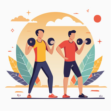 Two men exercising with dumbbells outdoors