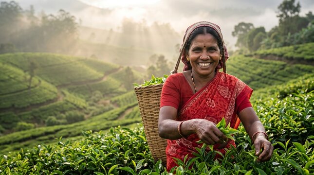 Smiling traditional Sri Lankan woman plucking tea leaves in a misty estate