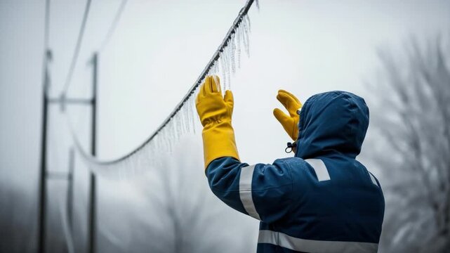 Male utility lineman in winter gear inspecting frozen power lines after an ice storm