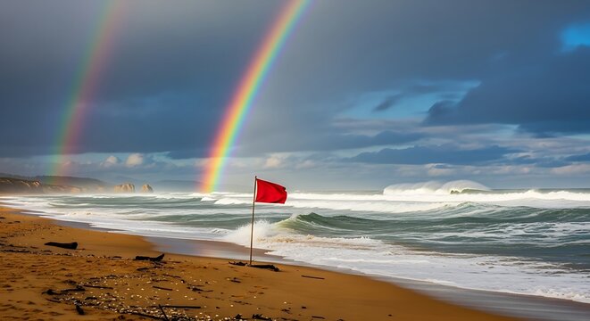 Vibrant rainbow arches over stormy ocean beach with red warning flag