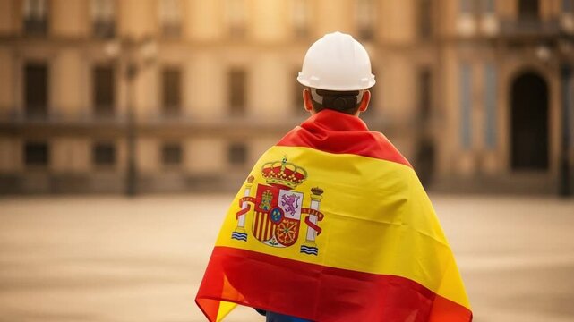 Young male construction worker wearing white hard hat draped in Spanish flag standing in front of historic building
