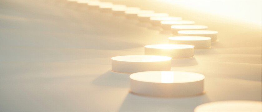 Abstract geometric stepping stones path with warm glowing golden sunlight background