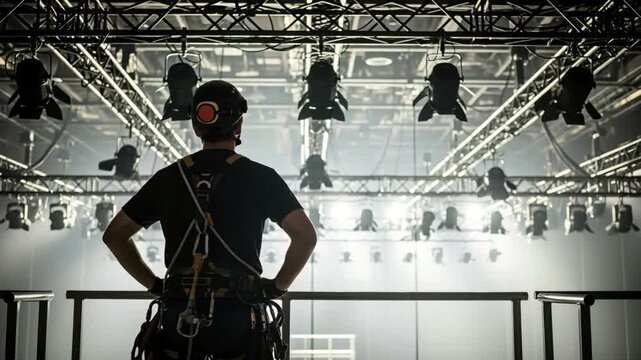Professional Stage Rigger in Safety Harness Inspecting Lighting Truss at Concert Venue