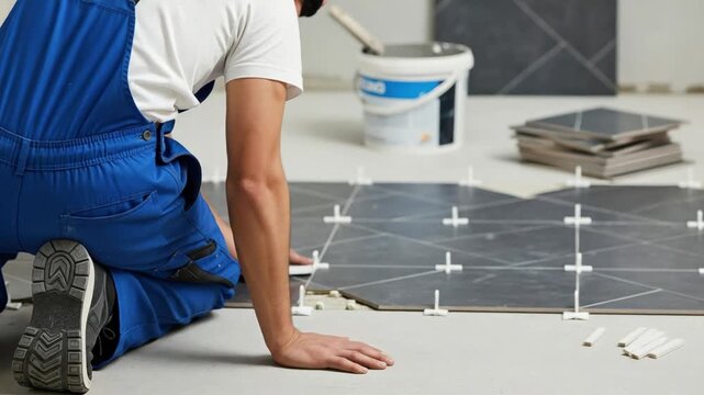 Professional male tiler in blue overalls installing dark porcelain floor tiles in a modern home renovation