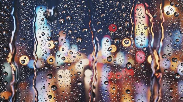 Rainy night view through a window with colorful lights and water droplets on the glass