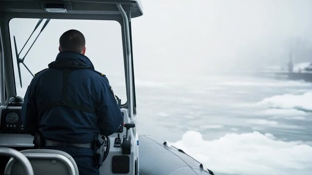 Male maritime border patrol officer steering a boat through icy arctic waters in fog