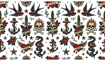 Old school tattoo seamless pattern pro vector with traditional vintage tattoo symbols © MST. SUFIYA