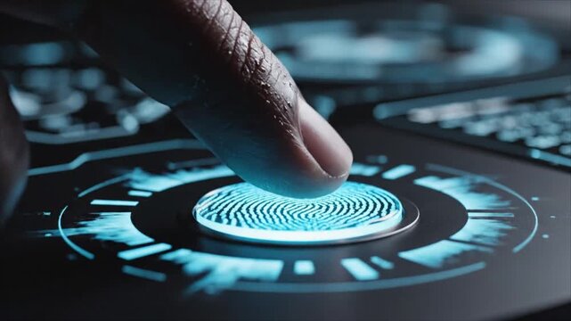 A finger presses a glowing blue fingerprint scanner on a futuristic interface.