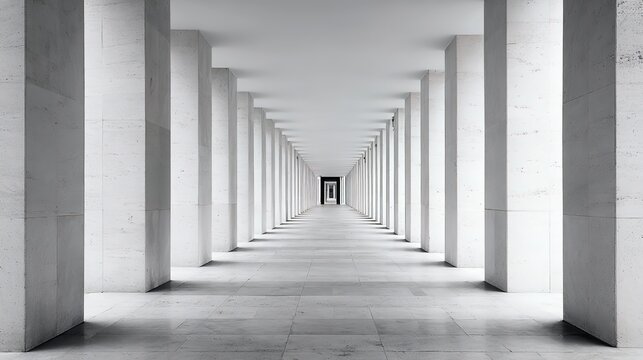 vanishing. An endless grey and white corridor with identical repeating doorways. real-estate listings, architecture portfolios, designed for real-estate listing and luxury residence showcases.