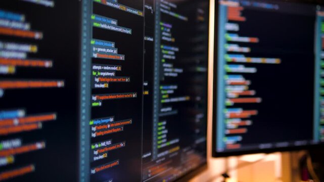 Close up computer monitors displaying fictional programming code and software development interface, technology workspace concept