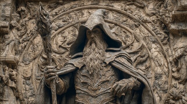 Ancient stone bas relief of a hooded wizard holding staff scepter, full body carving with realistic texture and mystical fantasy concept, cinematic dramatic lighting