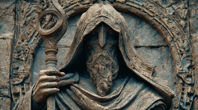 Ancient stone bas relief of a hooded wizard holding staff scepter, full body carving with realistic texture and mystical fantasy concept, cinematic dramatic lighting